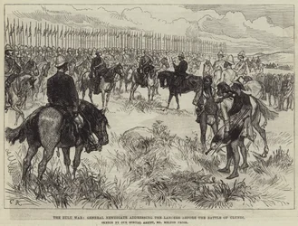 Der Zulukrieg, General Newdigate spricht die Lanzenreiter vor der Schlacht von Ulundi an